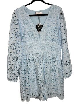 NEW Layered With Love Light Blue Long Sleeve Eyelet Lace Embroidery Dress Large